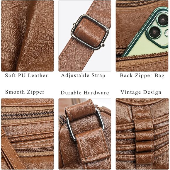Women's Bronze Soft Pu Leather Multi-pocket Shoulder Bag Medium Cross-body Purse - Picture 5 of 8
